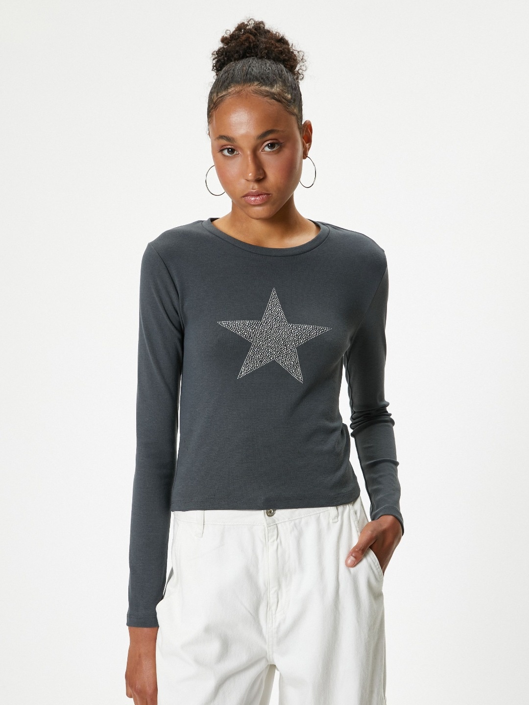 

Koton Women Graphic Printed Round Neck Cotton Slim Fit T-Shirt, Grey