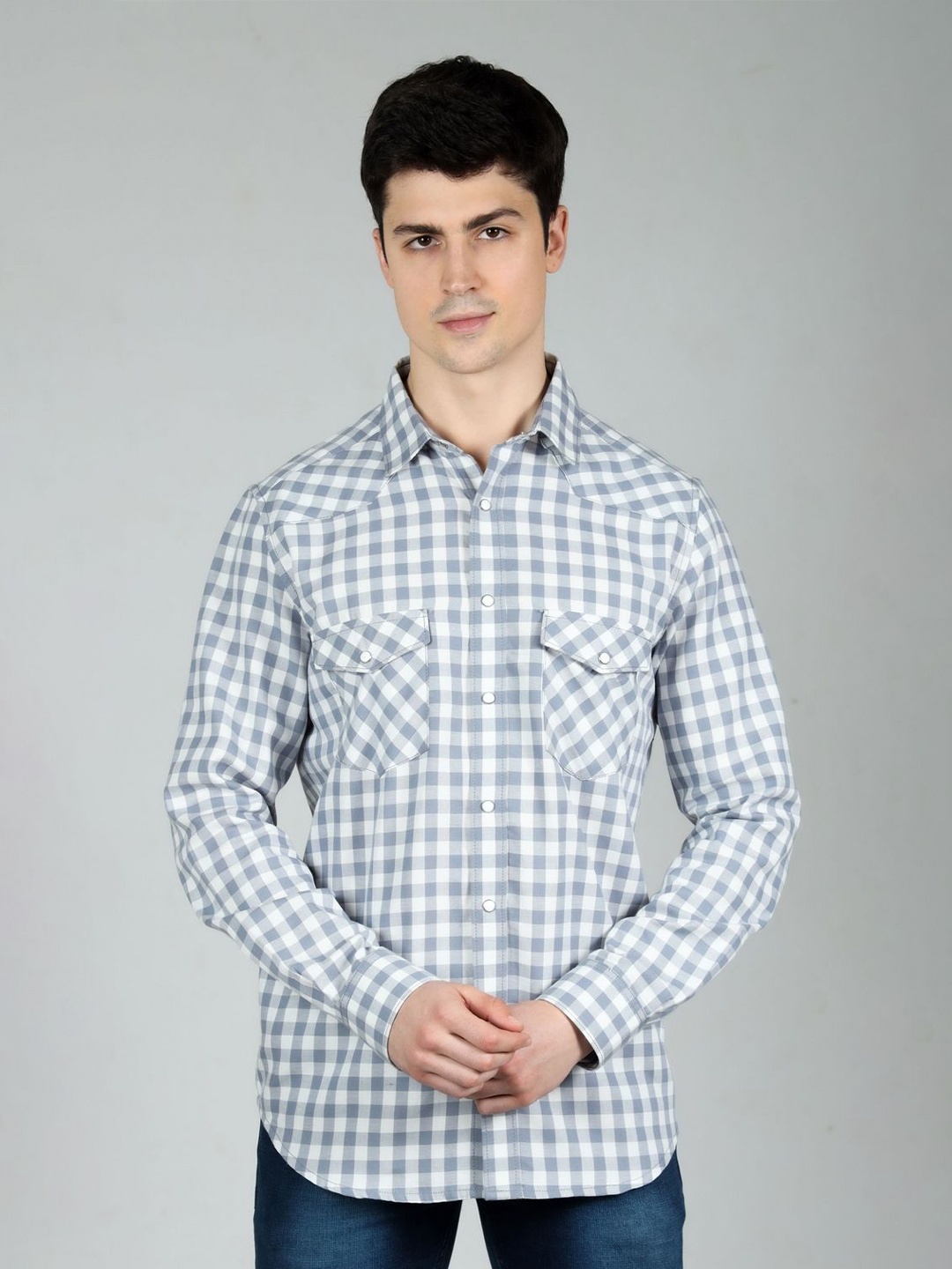 

OZMOD Men Modern Slim Fit Gingham Checks Opaque Checked Casual Shirt, Grey