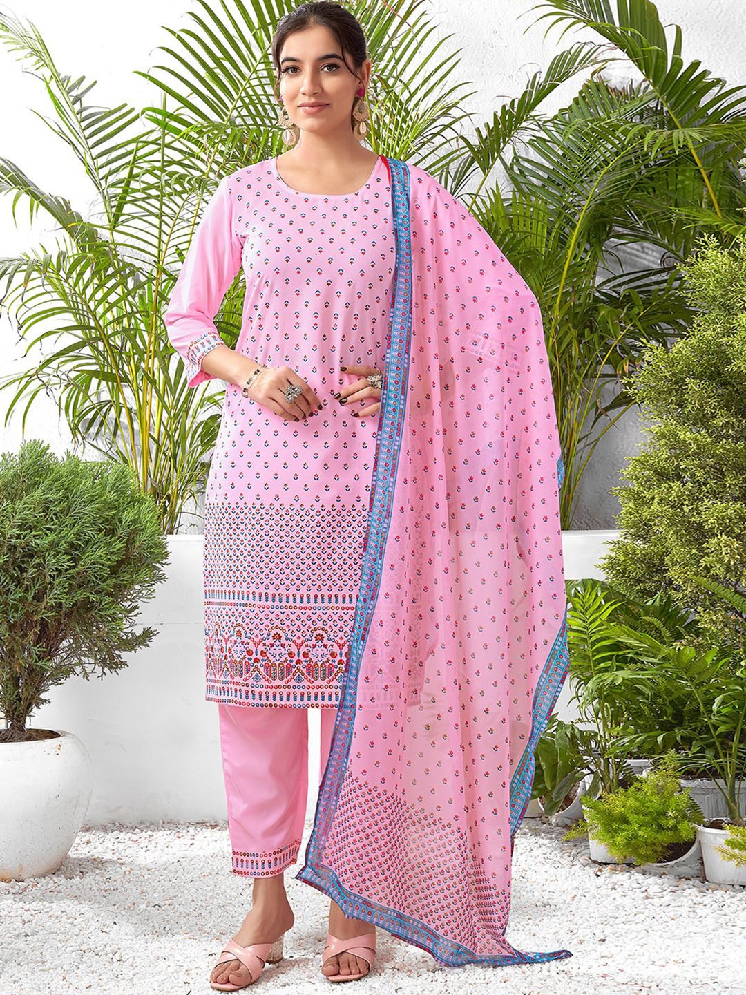 

KALINI Ethnic Motifs Printed Straight Kurta with Trousers & Dupatta, Pink