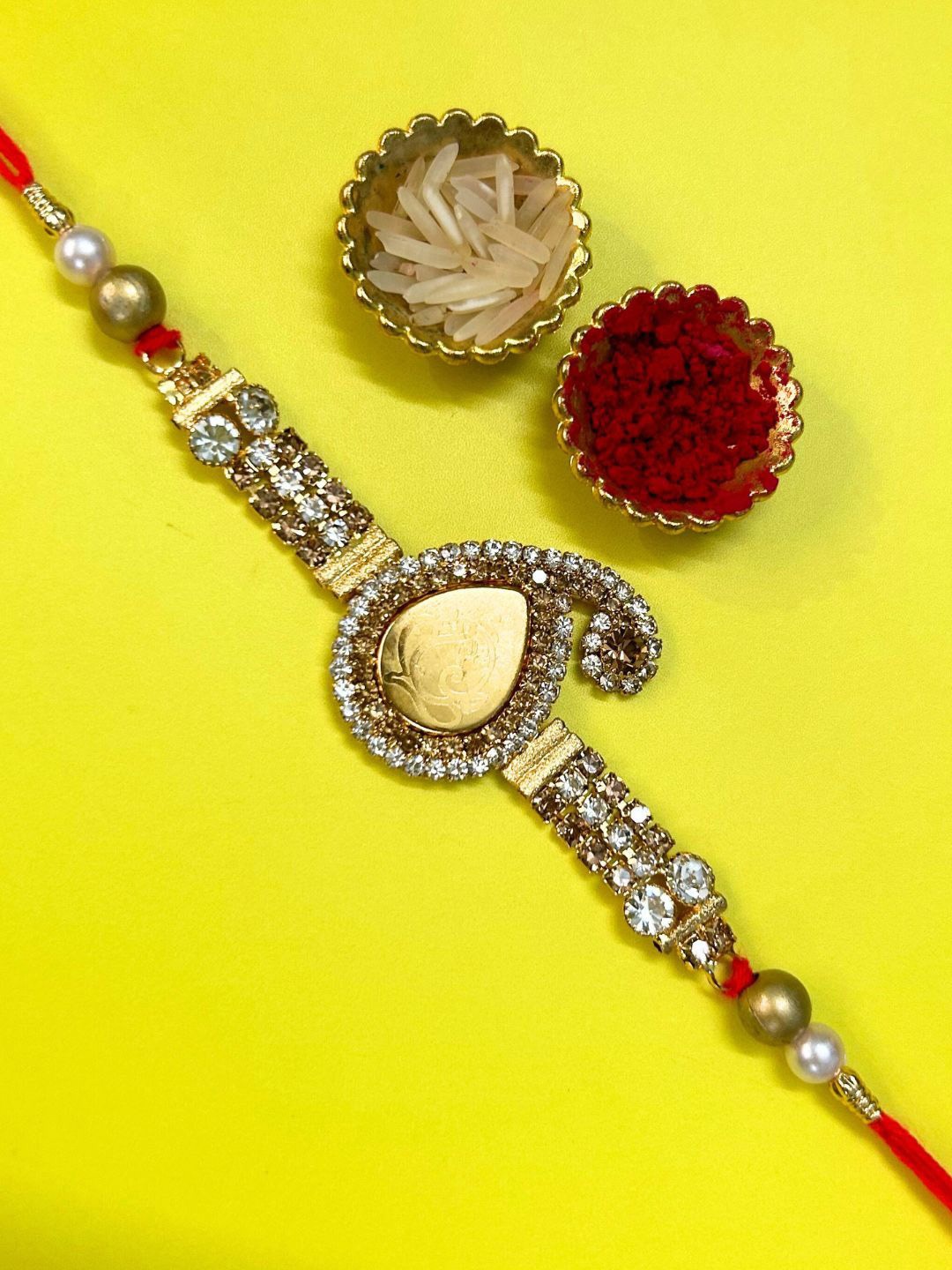 

LAIDA Gemstone Studded & Beaded Thread Rakhis With Roli Chawal, Gold