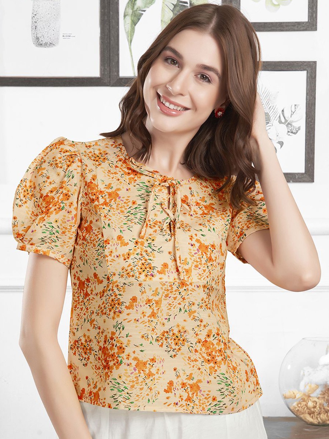 

Selvia Women Floral Printed Tie-Up Neck Cotton Top, Beige