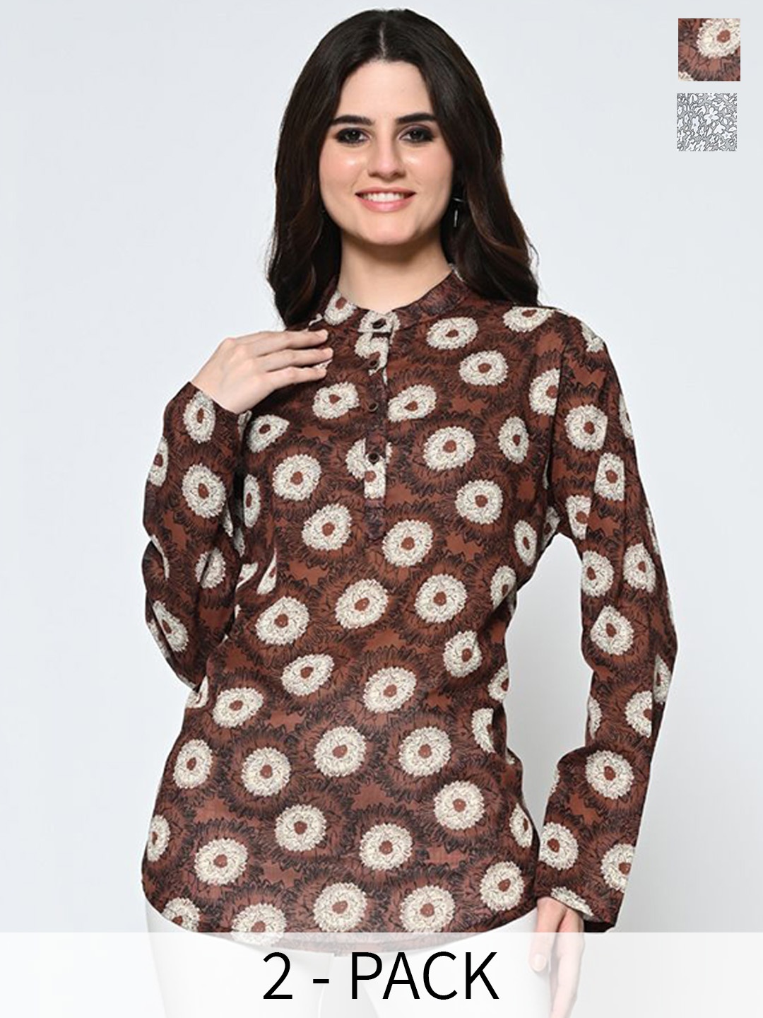 

BAESD Pack Of 2 Printed Mandarin Collar Pure Cotton Printed Tunic, Brown