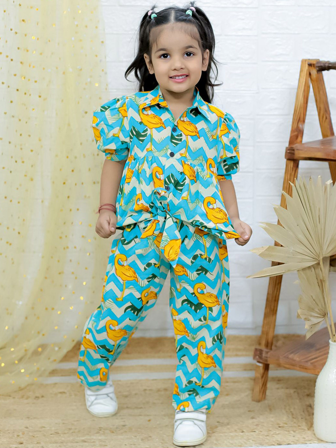 

UNBIND Girls Conversational Printed Spread Collar Pure Cotton Shirt With Trousers, Blue