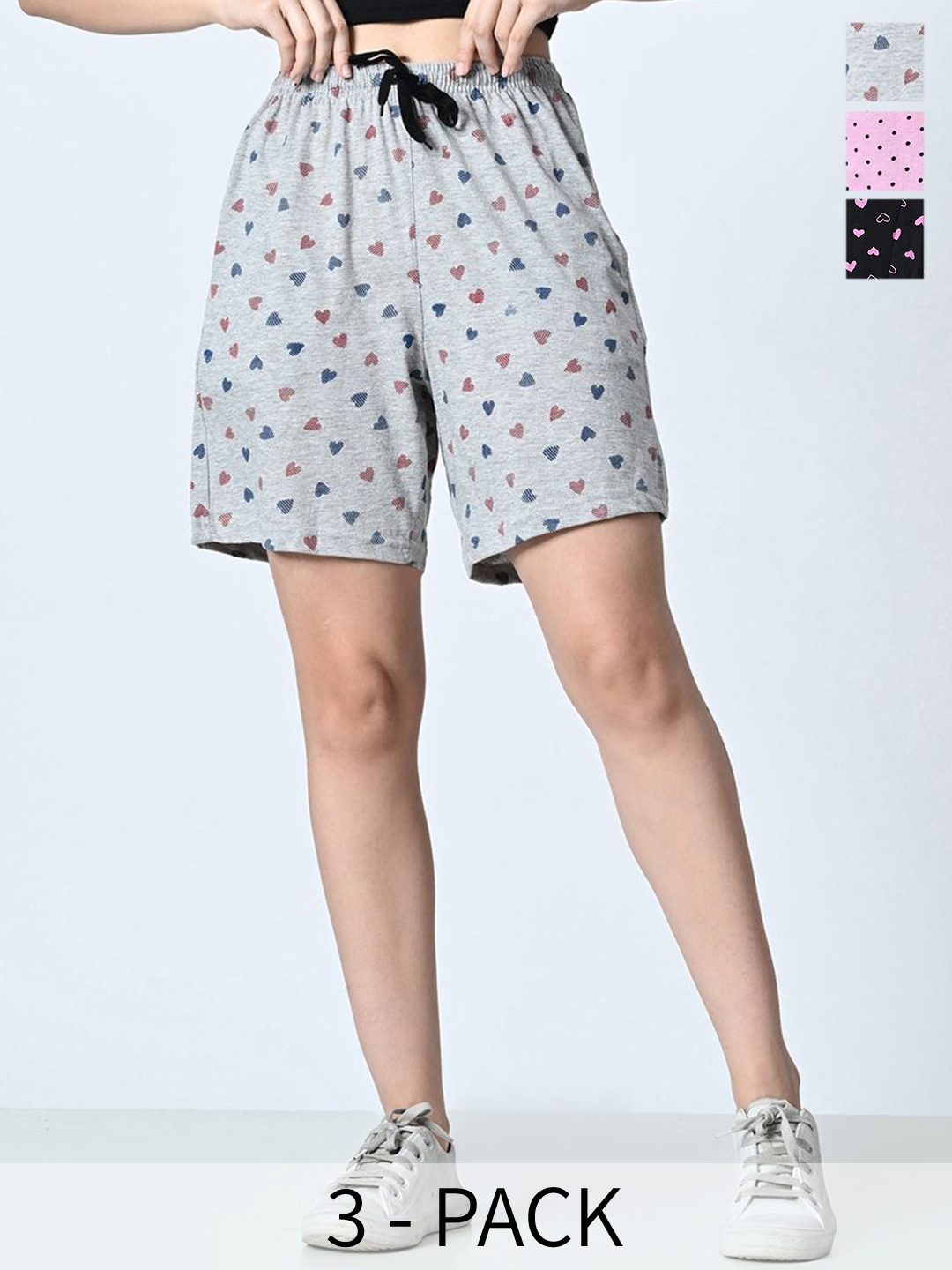 

BAESD Pack Of 3 Women Printed High-Rise Cotton Shorts, Grey