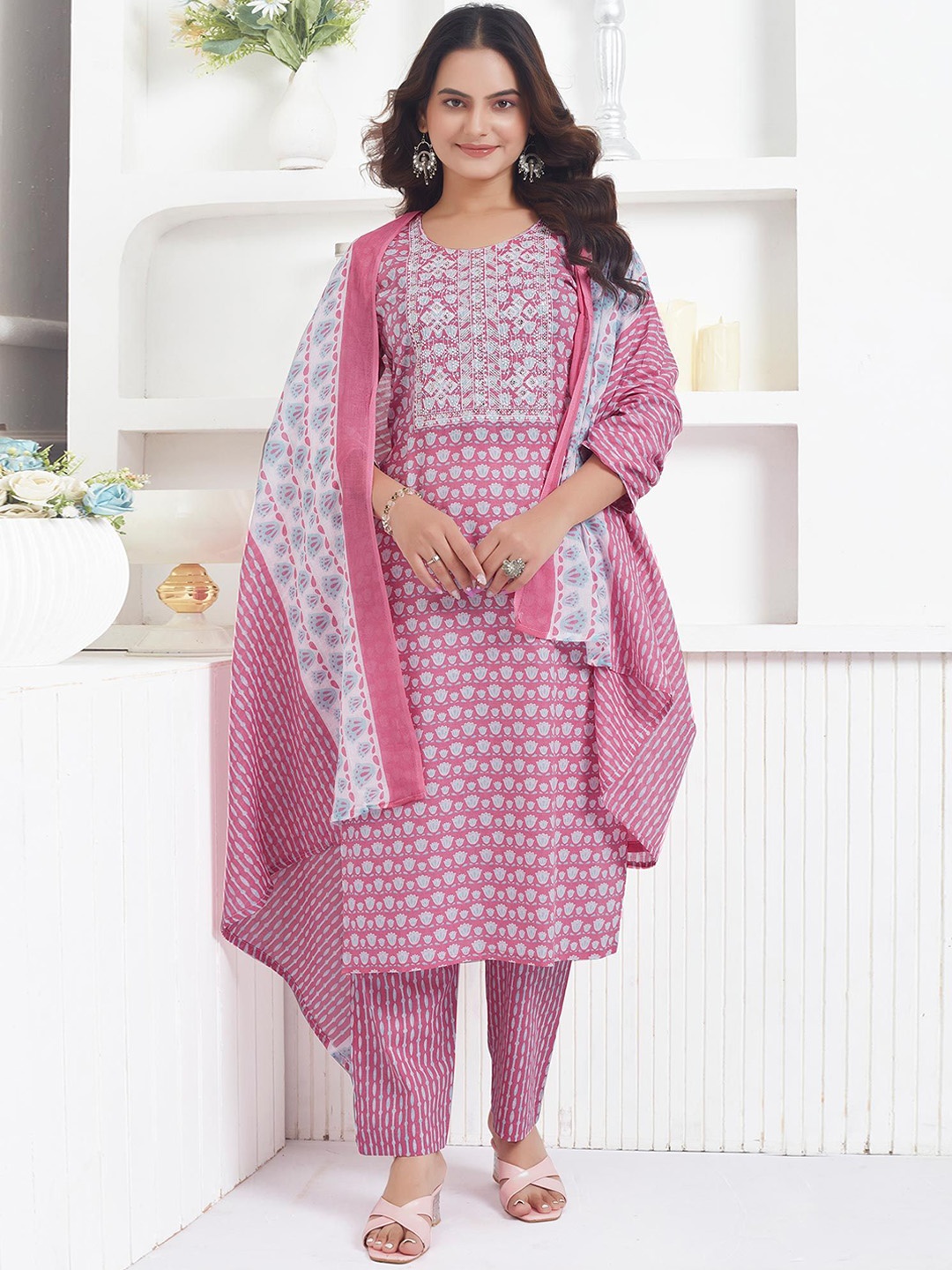 

Peachmode Floral Printed Thread Work Pure Cotton Straight Kurta With Trousers & Dupatta, Pink