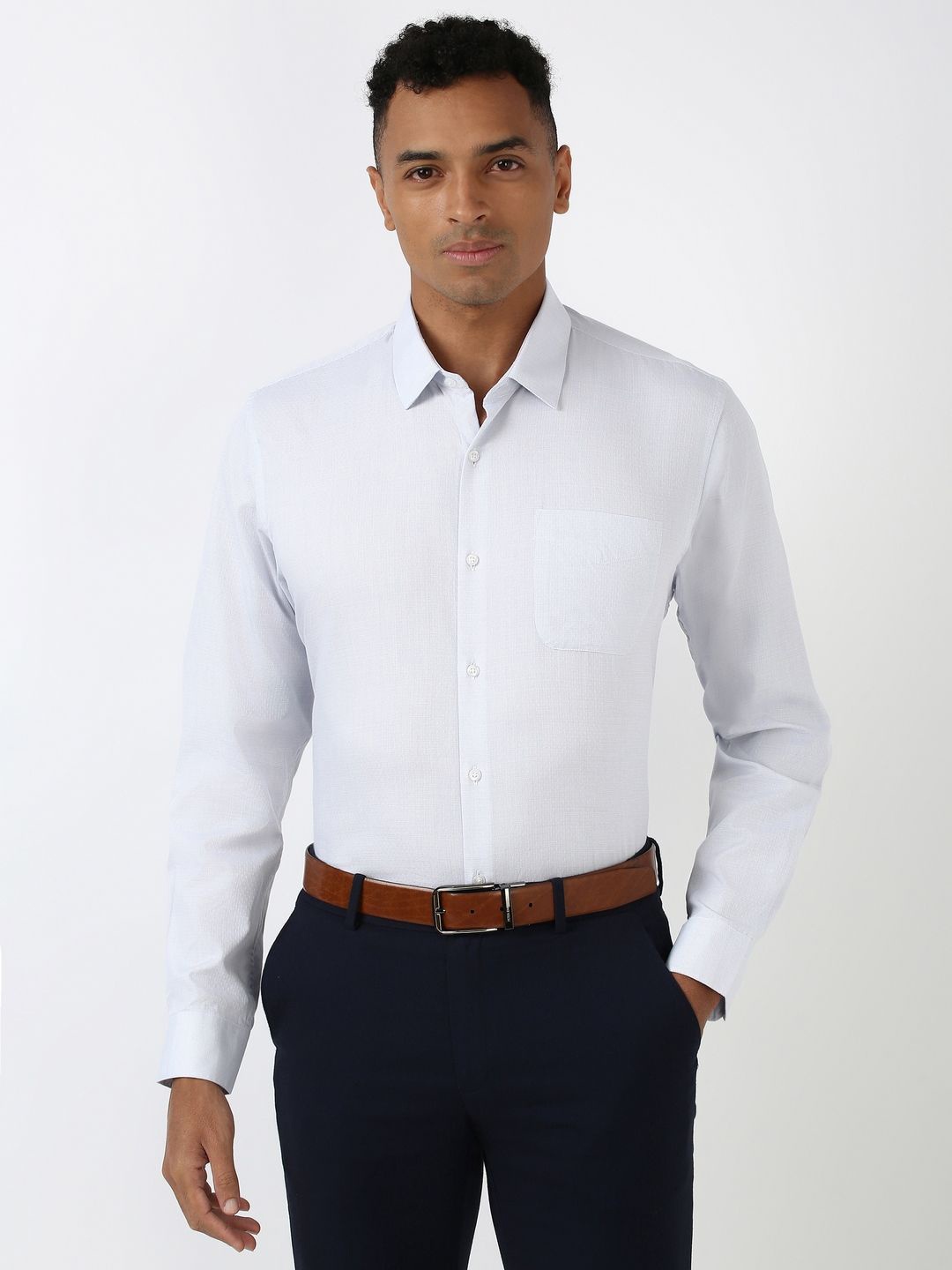 

Peter England Men Spread Collar Solid Polycotton Slim Fit Formal Shirt, Blue