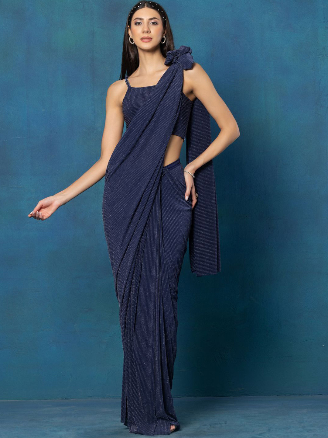

Rang by Indya Striped Ready to Wear Saree, Blue
