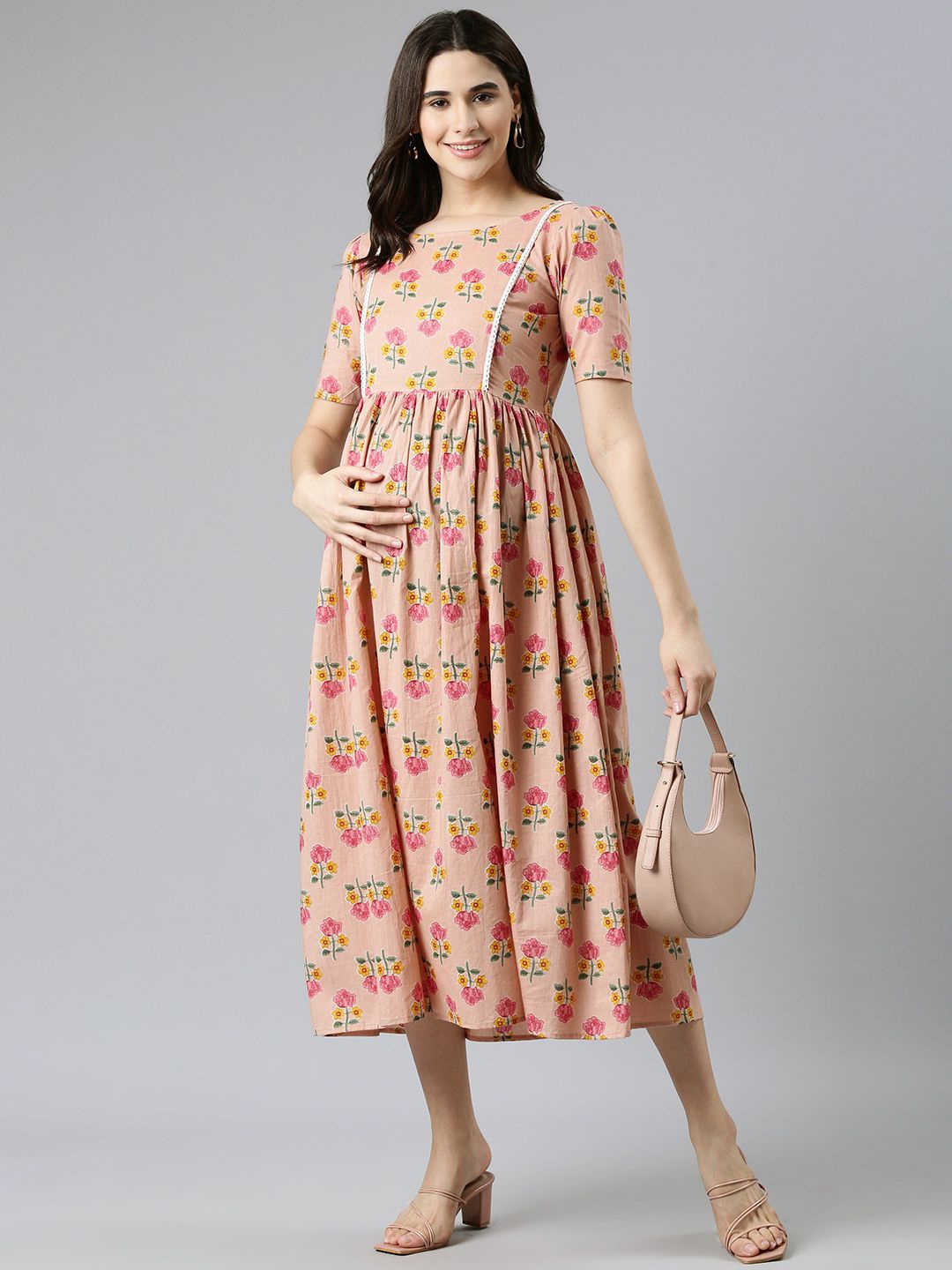 

Swishchick Floral Printed Cotton Maternity Fit & Flare Midi Dress, Pink