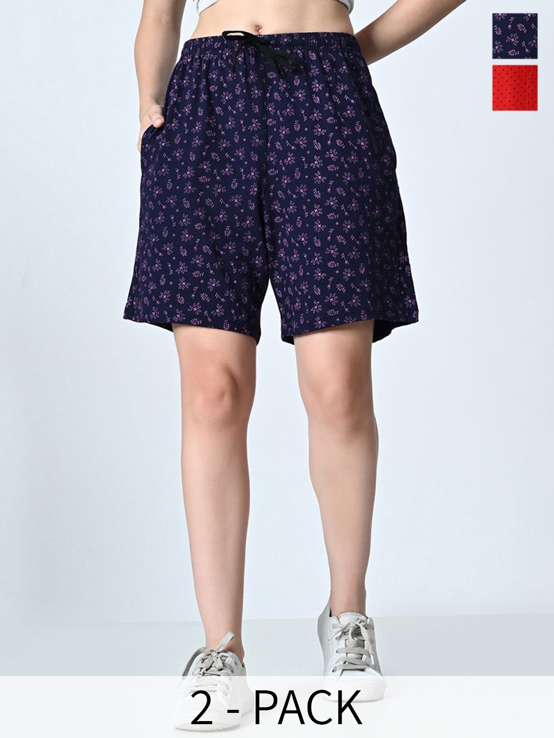 

BAESD Women Pack of 2 Printed Pure Cotton High-Rise Regular fit Shorts, Navy blue