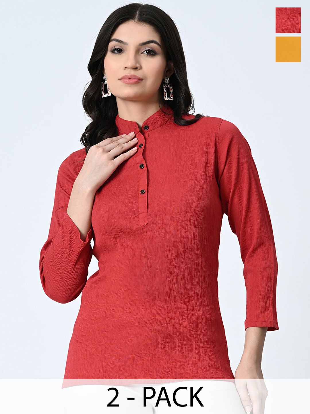 

BAESD Pack of 2 Mandarin Collar Crepe Straight Top, Red