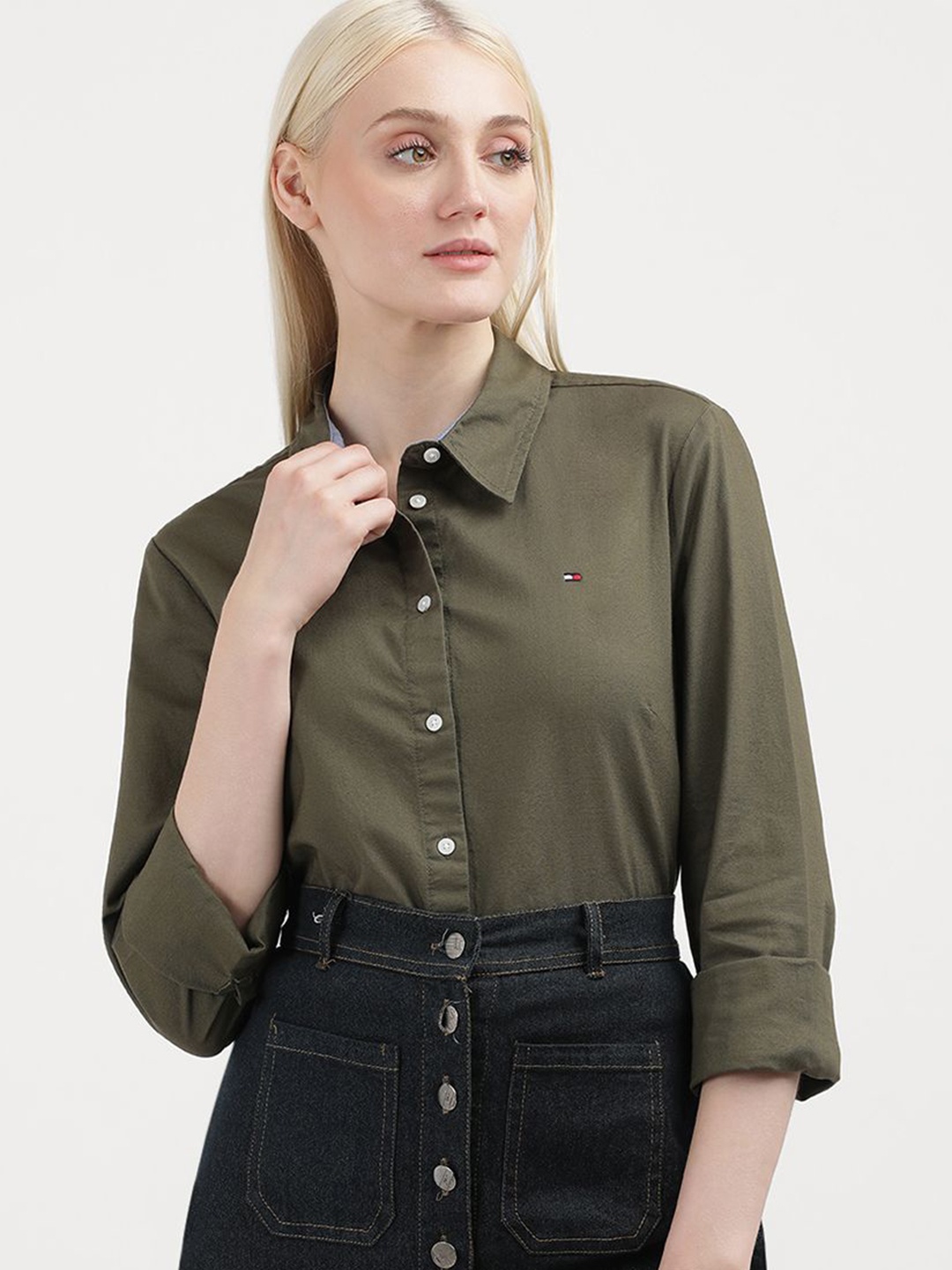 

Tommy Hilfiger Women Solid Spread Collar Casual Shirt, Green