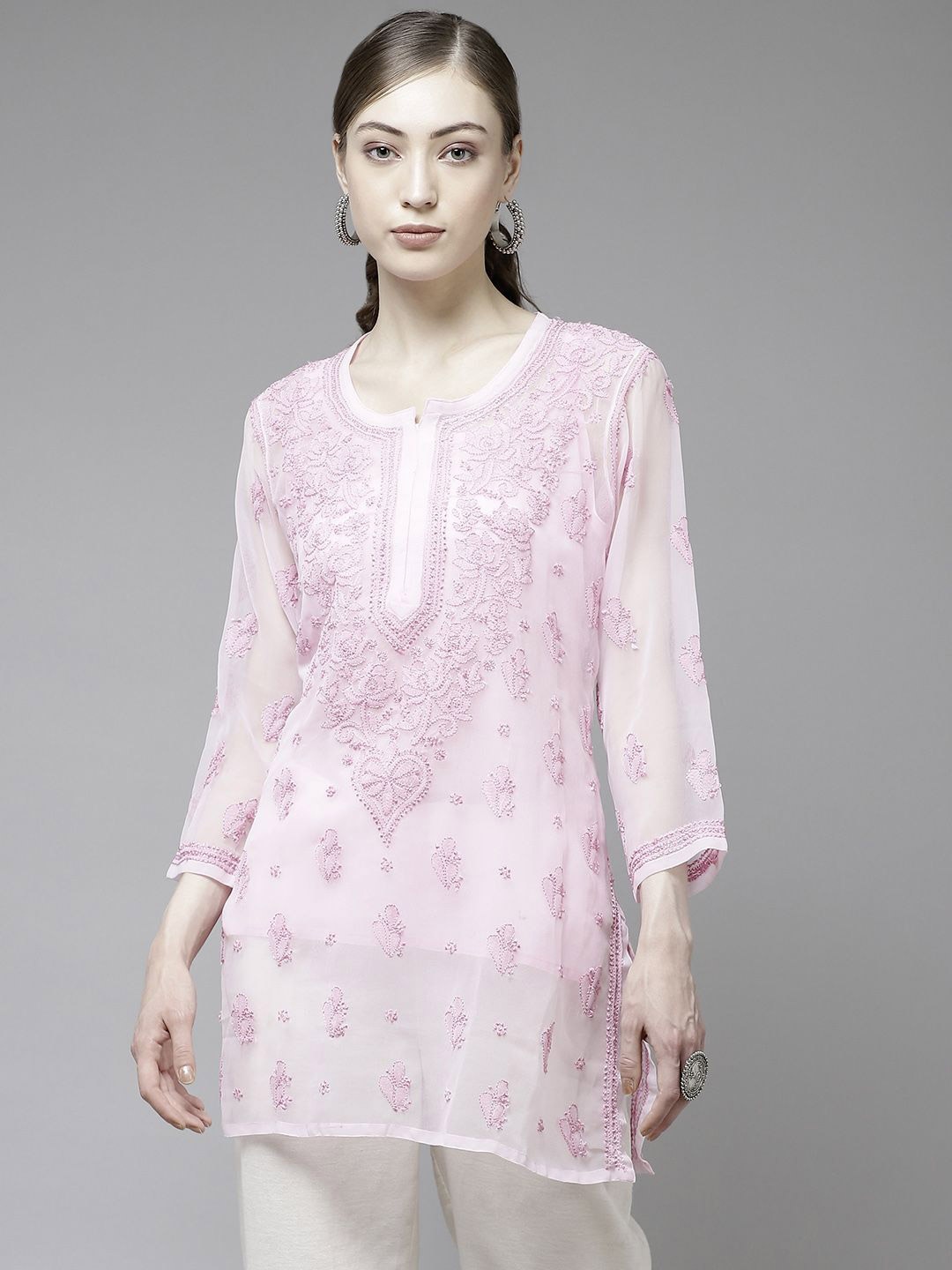 

ADA Women Ethnic Motifs Embroidered Chikankari Kurti, Pink