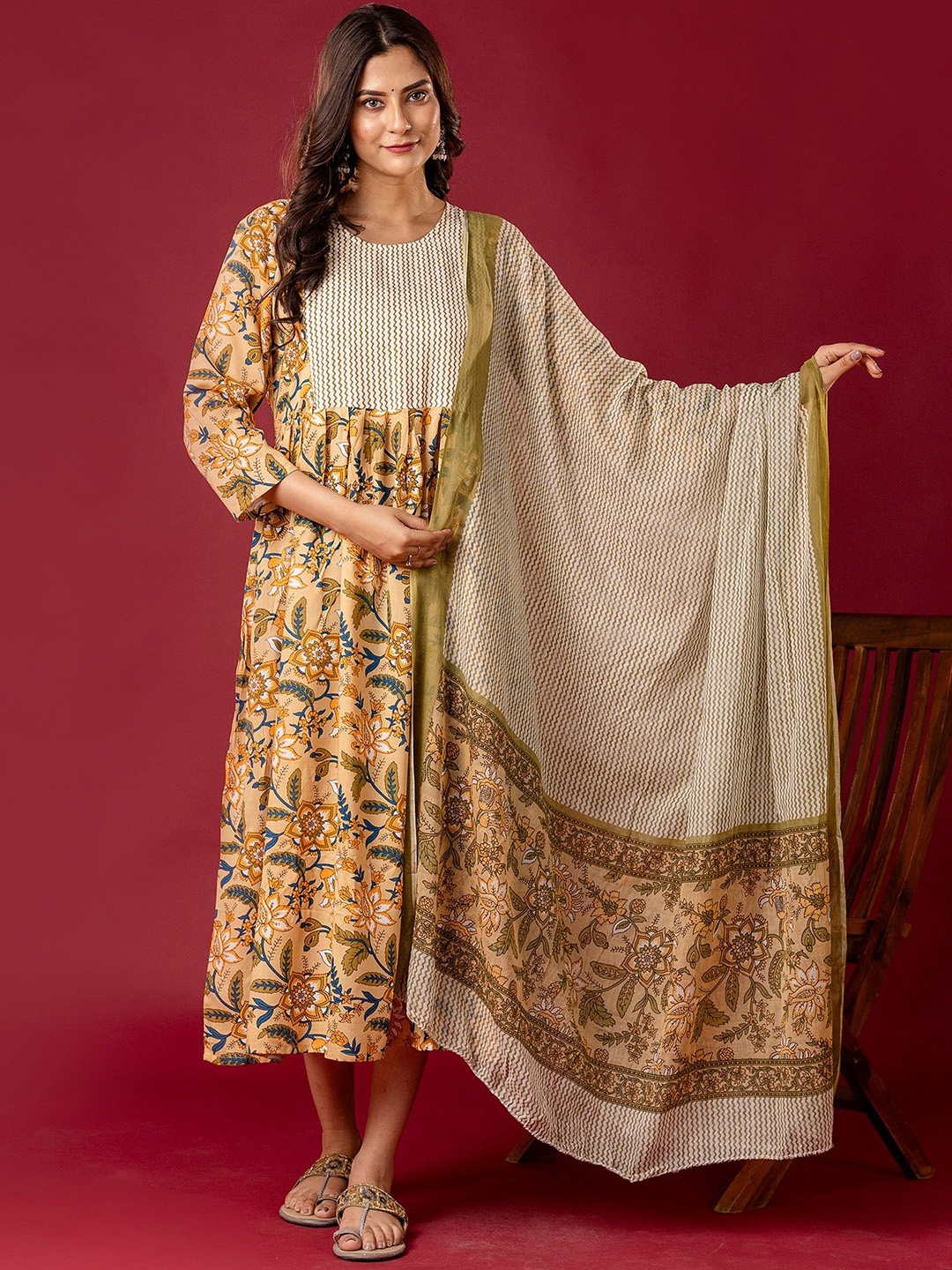 

Mialo fashion Ethnic Motif A-Line Midi Maternity Ethnic Dress With Dupatta, Yellow