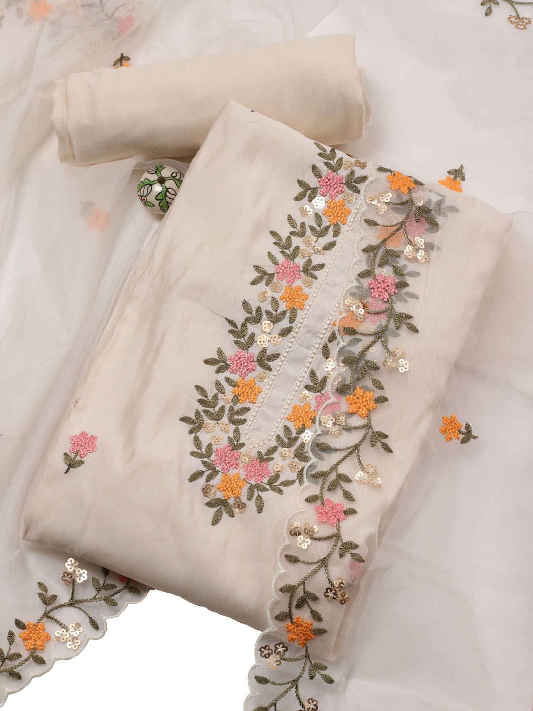 

Meena Bazaar Embroidered Art Silk Unstitched Dress Material, Cream