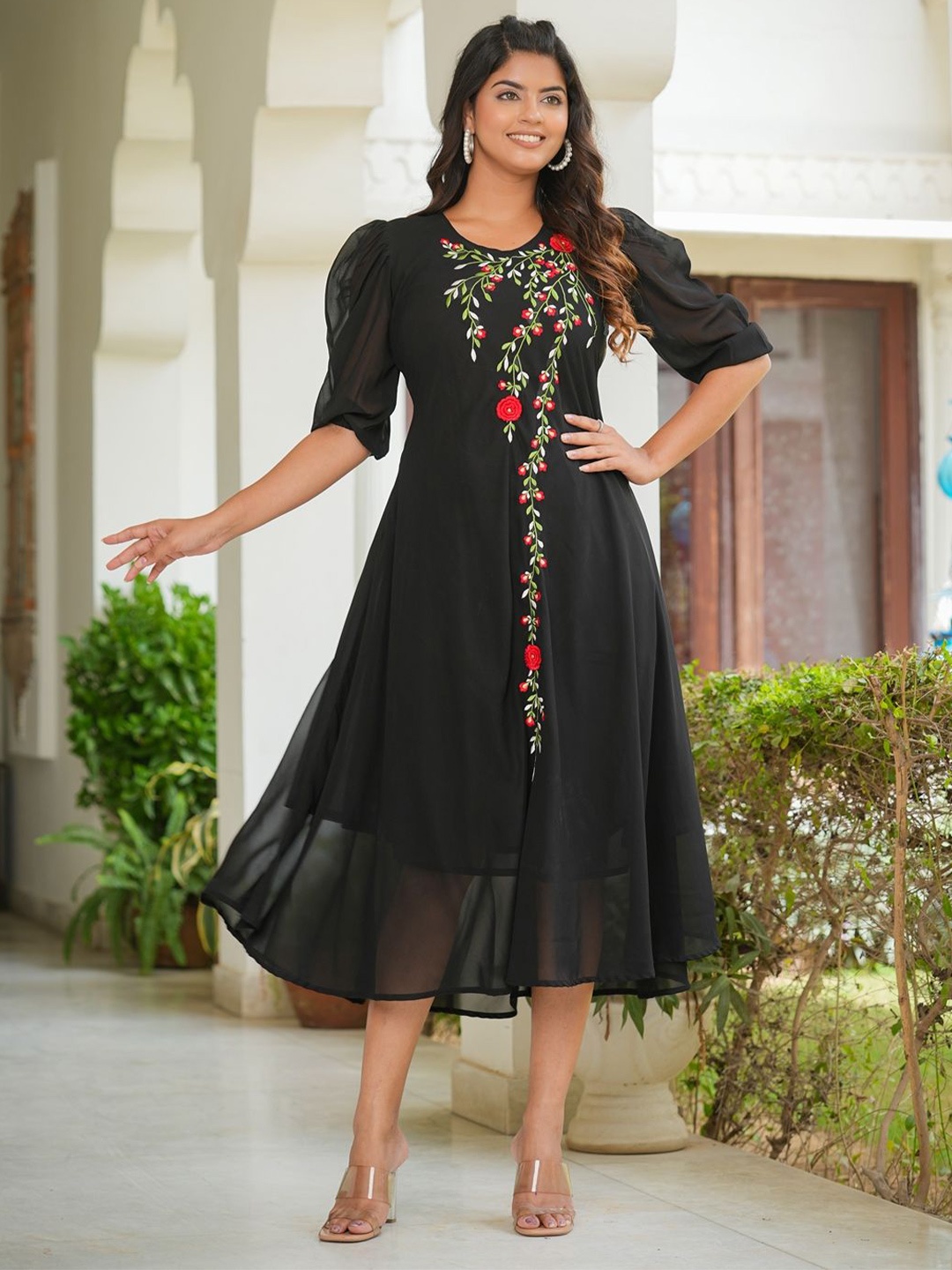 

YASH GALLERY Embroidered Puff Sleeve Georgette A-Line Midi Dress, Black