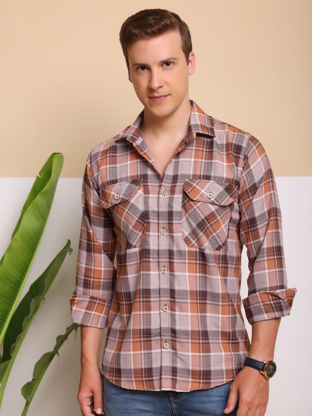 

FILO HEVIS Spread Collar Double Pocket Cotton Check Shirt, Orange