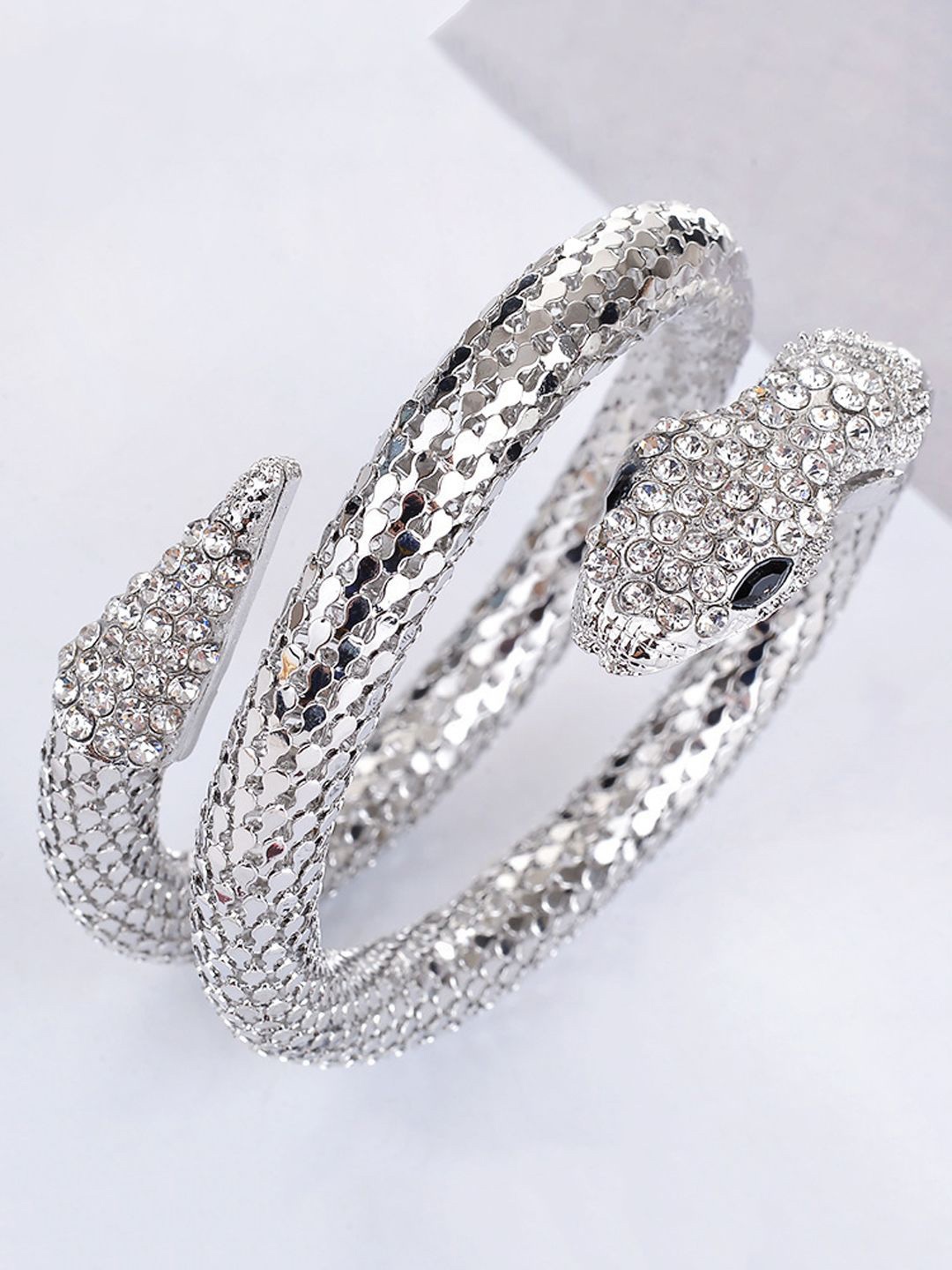 

FIMBUL Silver-Plated Stone-Studded Snake Shaped Cuff Bracelet