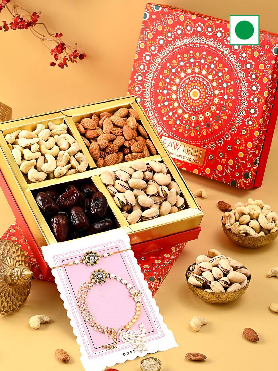 

RawFruit Set Of 2 Rakhis With Roli Chawal DryFruits Gift Set, Gold