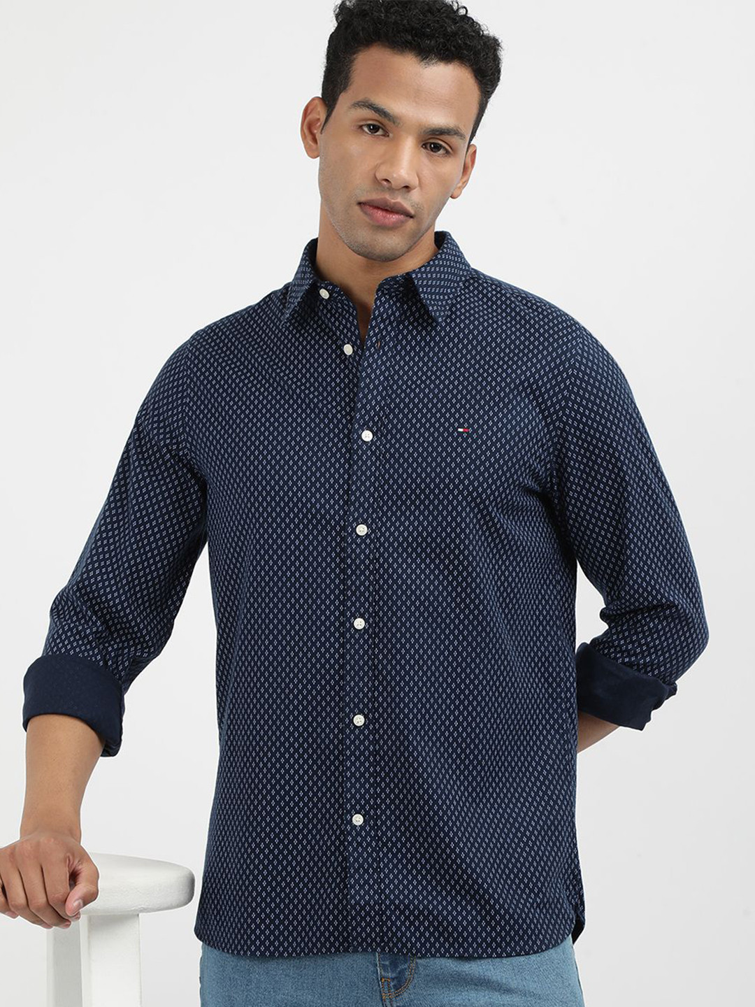 

Tommy Hilfiger Men Slim Fit Micro Ditsy Printed Spread Collar Casual Shirt, Blue