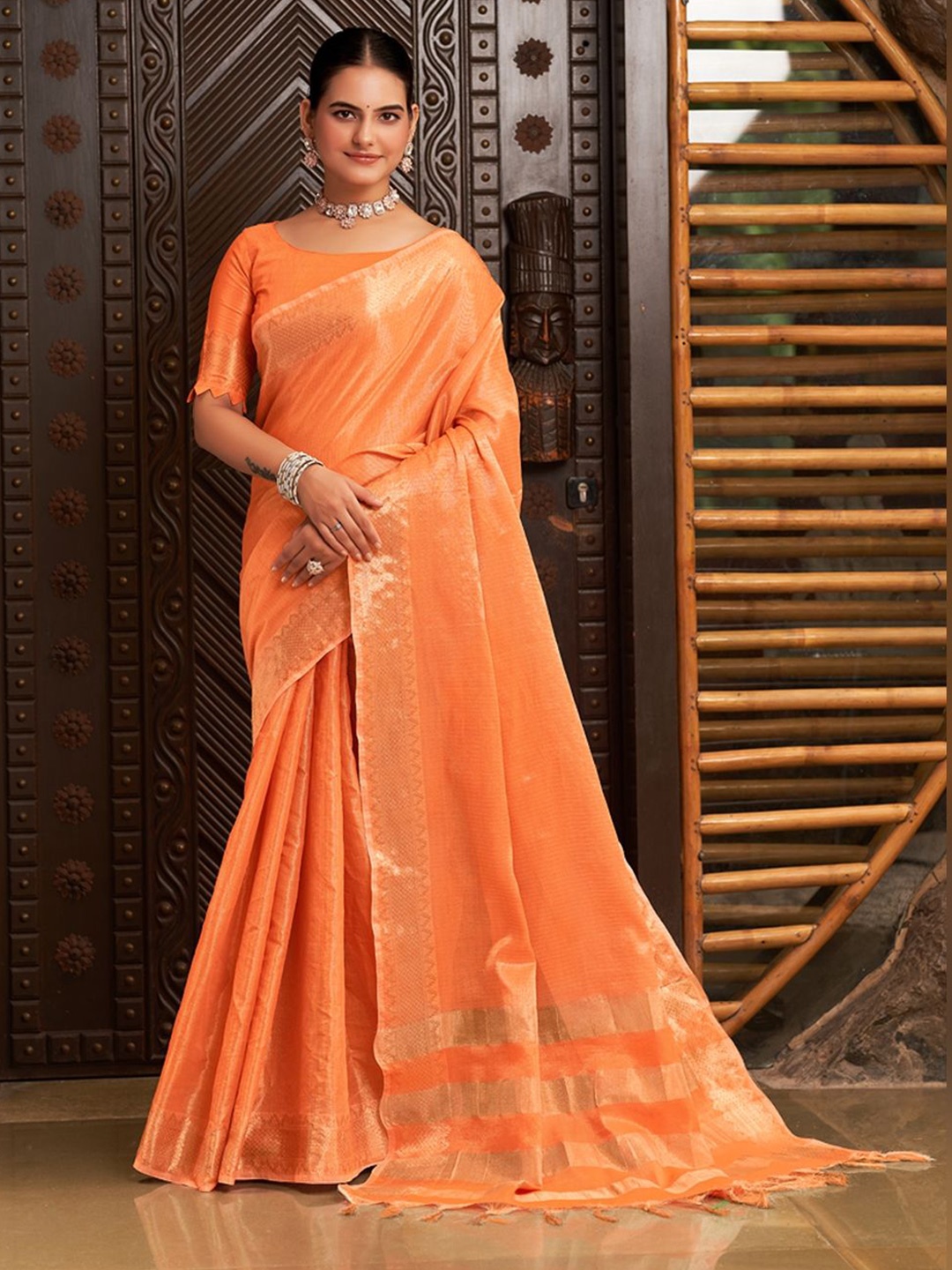 

SGF11 Pure Zari Heavy Work Tissue Silk Saree, Orange