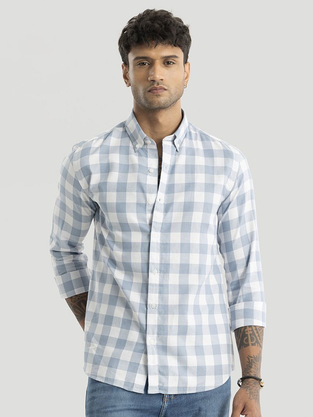 

Snitch Men Smart Slim Fit Checked Button-Down Collar Casual Shirt, Blue