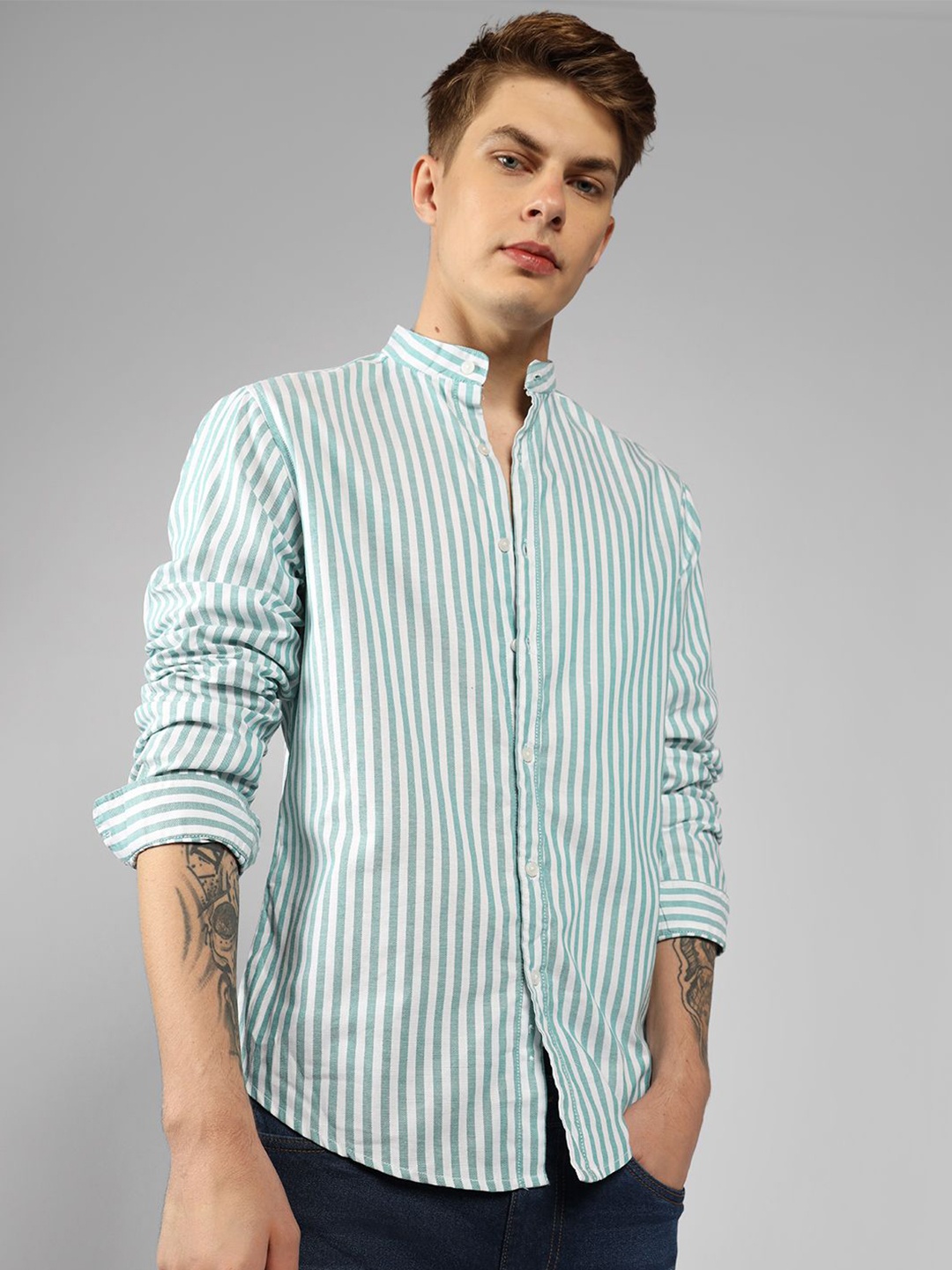 

Dennis Lingo Men Mandarin Collar Striped Pure Cotton Casual Shirt, Green