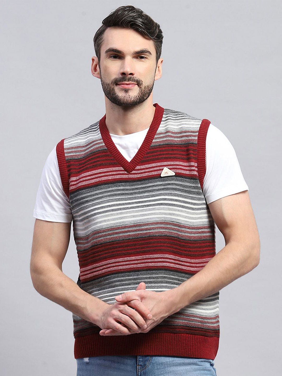 

Monte Carlo Men Striped Woollen Sweater Vest, Red