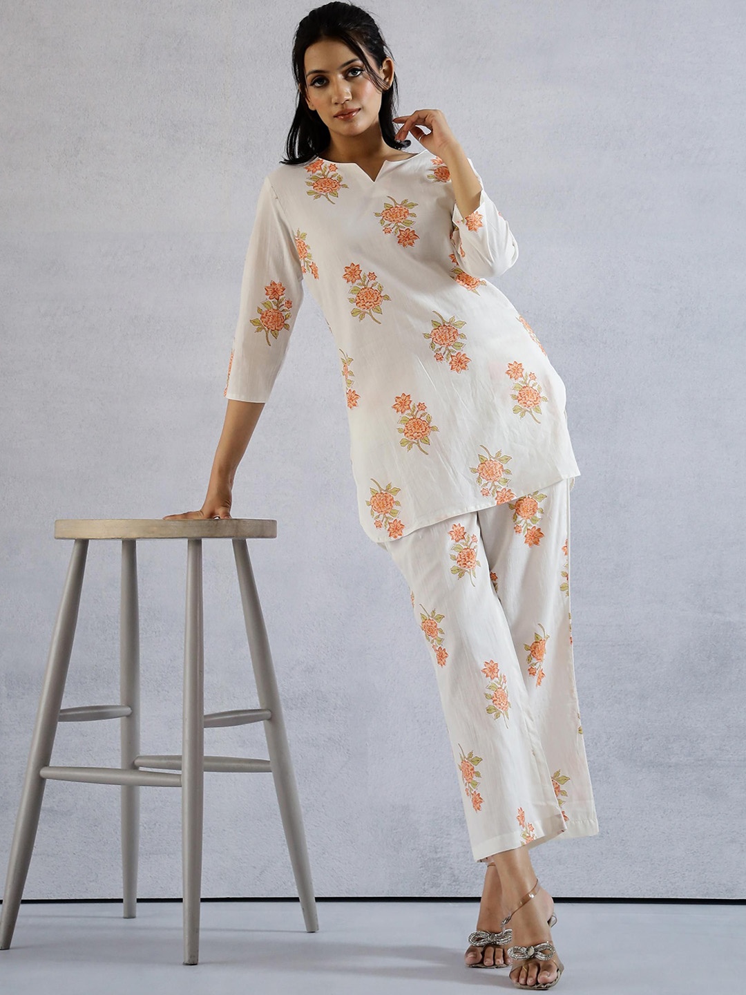 

FLAVIA CREATION Printed Pure Cotton Three Quarter Sleeve Tunic & Trouser, White