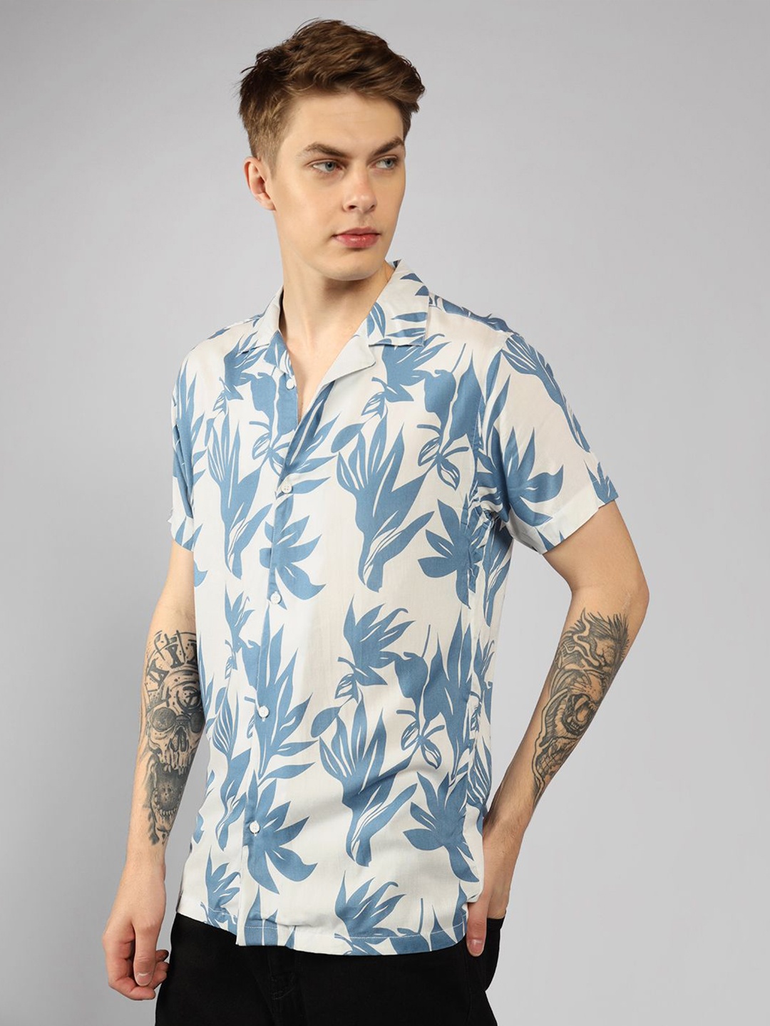 

Dennis Lingo Men Floral Printed Cuban Collar Relaxed Fit Casual Shirt, White