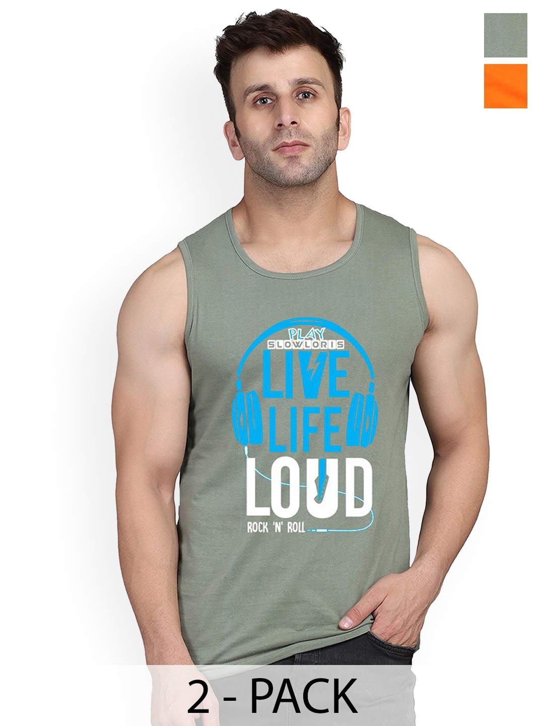 

SLOWLORIS Pack of 2 Men Cotton Printed innerwear Gym Vest, Orange
