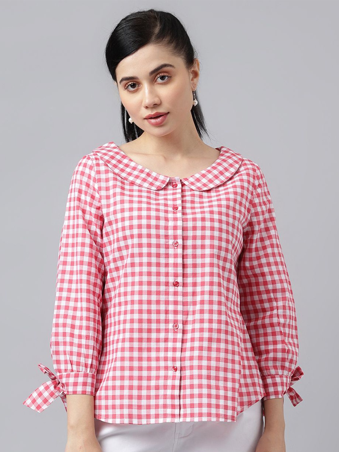 

Hancock Women Classic Collarless Gingham Checked Cotton Formal Shirt, Pink