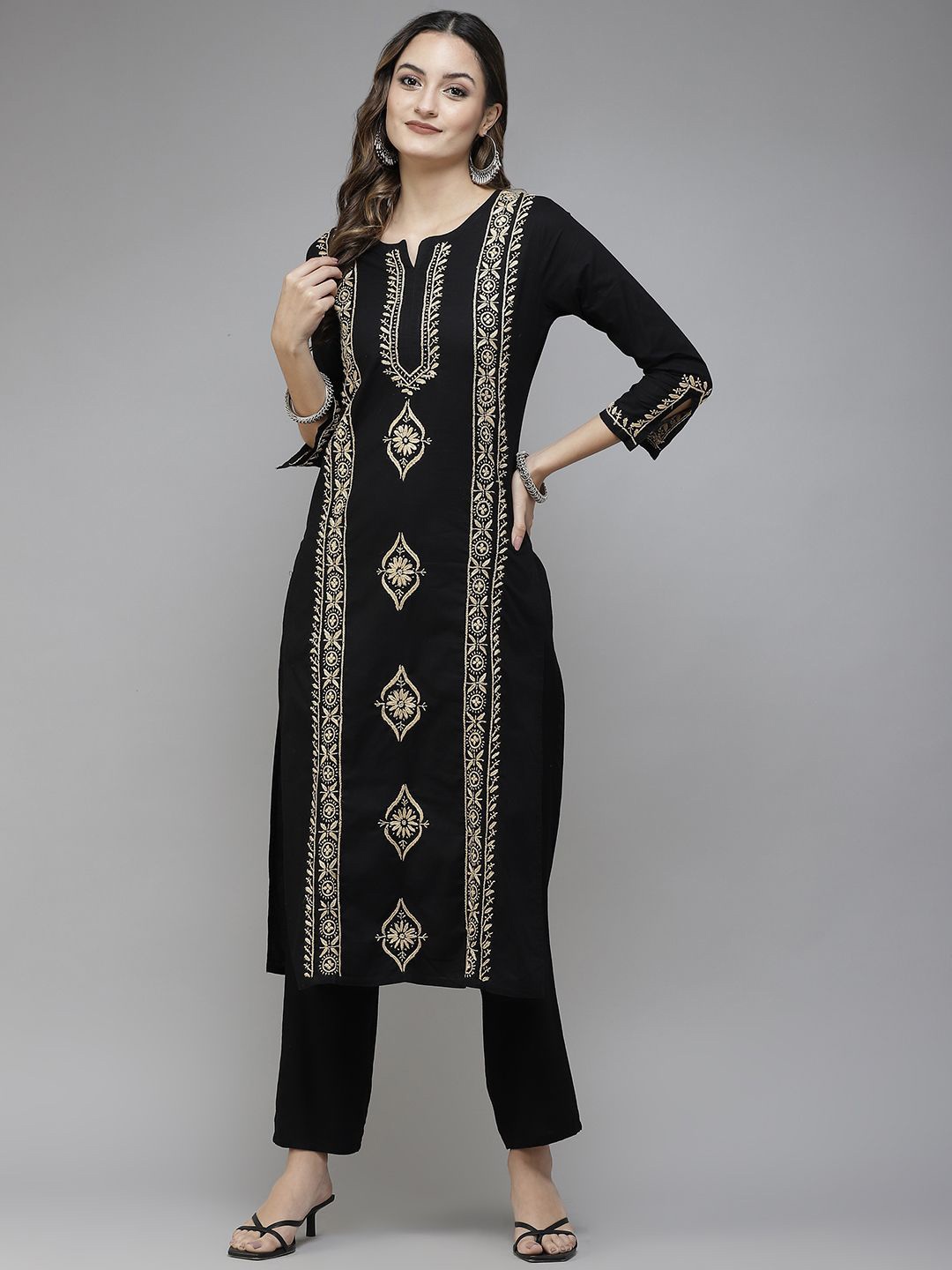 

ADA Floral Embroidered Notch Neck Lucknowi Chikankari Cotton Straight Kurta, Black