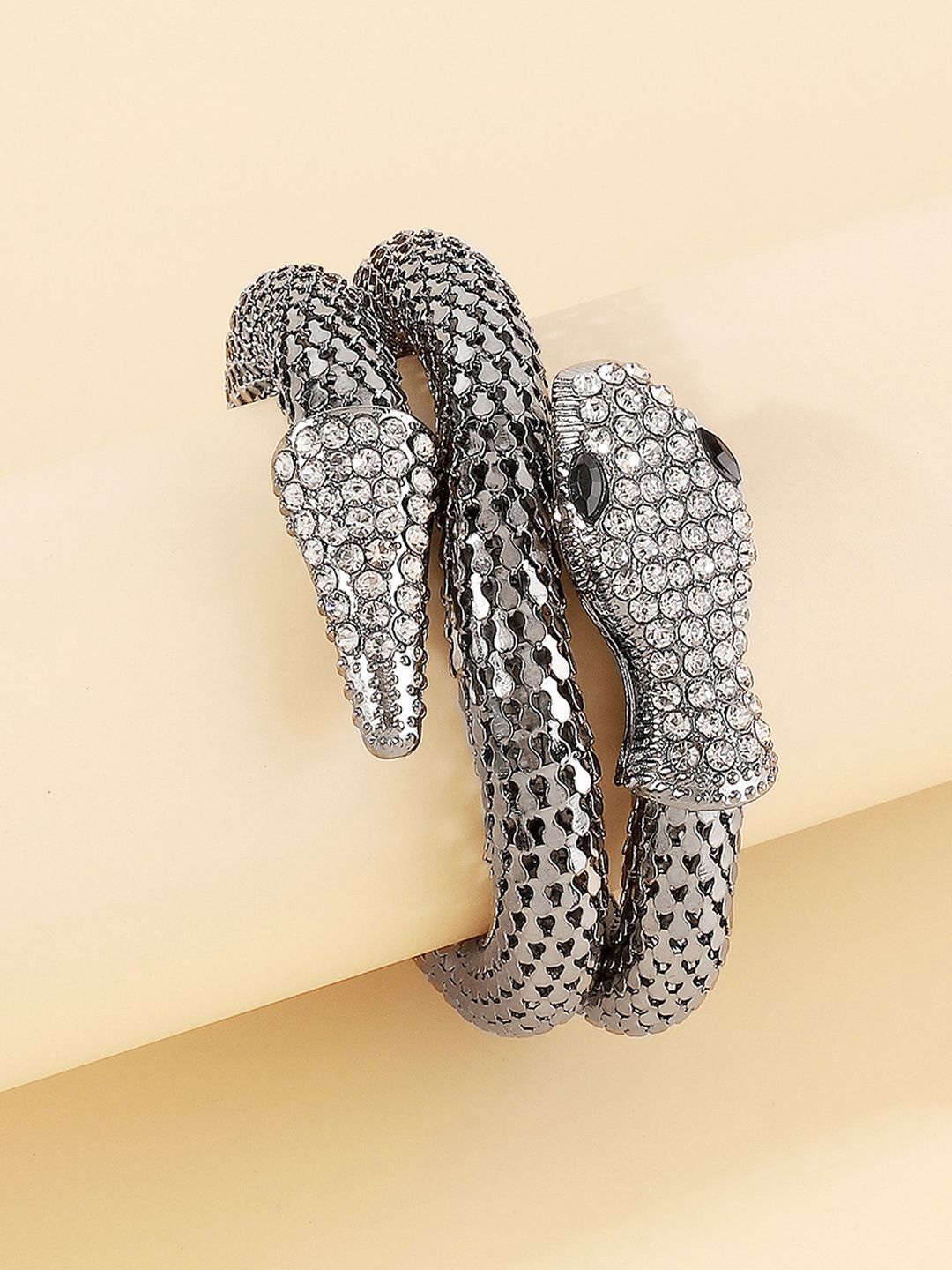 

KRENOZ Silver-Plated Stone-Studded Snake Shaped Cuff Bracelet