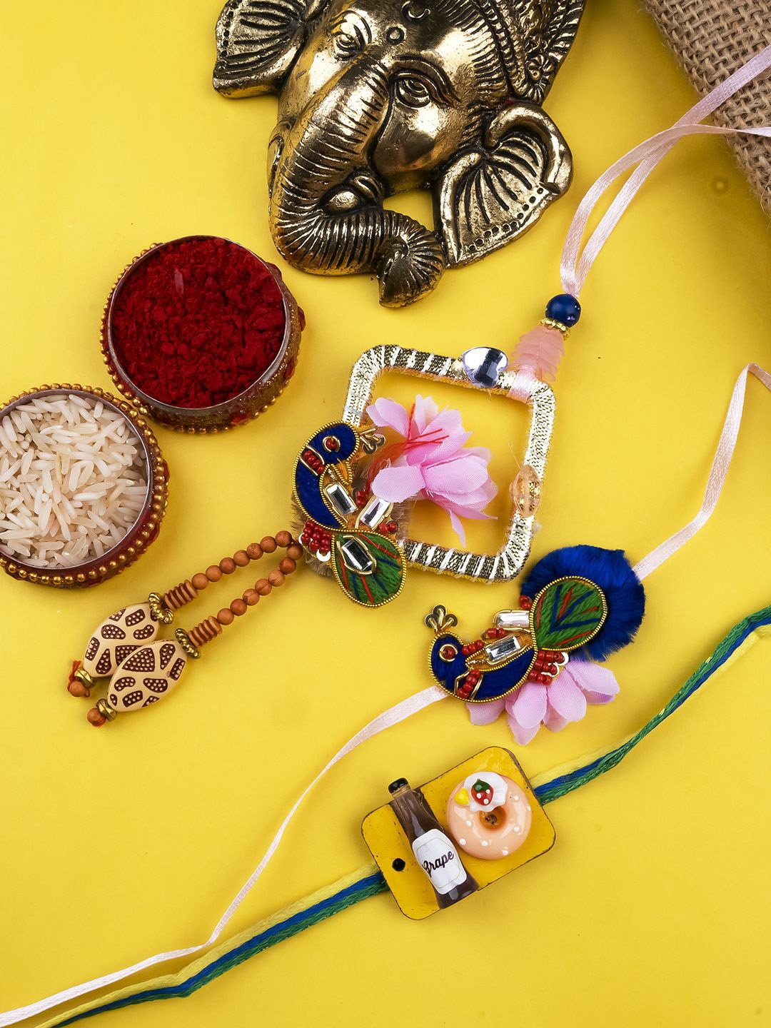 

StileAdda Set Of 3 Beaded Rakhis With Roli Chawal, Gold