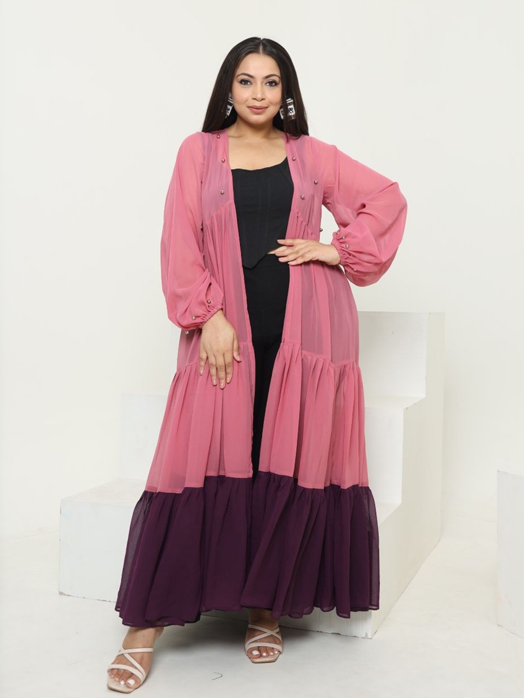 

Swadeshi Shringaar Colourblocked Longline Open Front Shrug, Rose