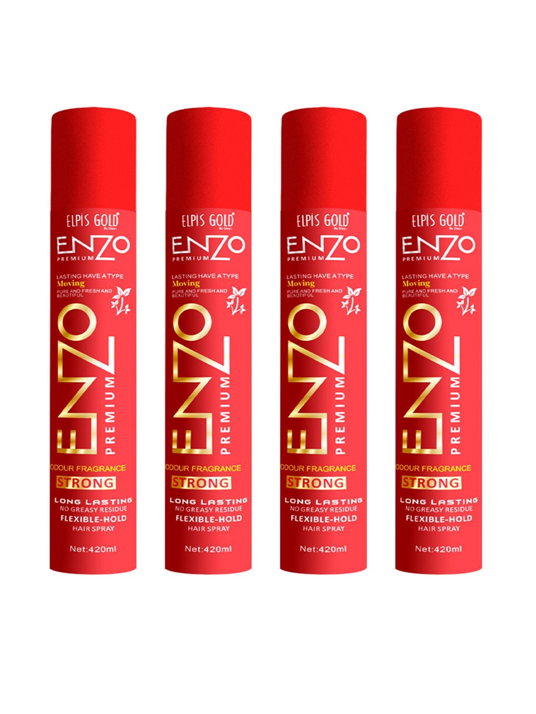 

ELPIS GOLD Set Of 4 Enzo Premium Strong Flexible Hold Hair Sprays - 420ml Each, Red