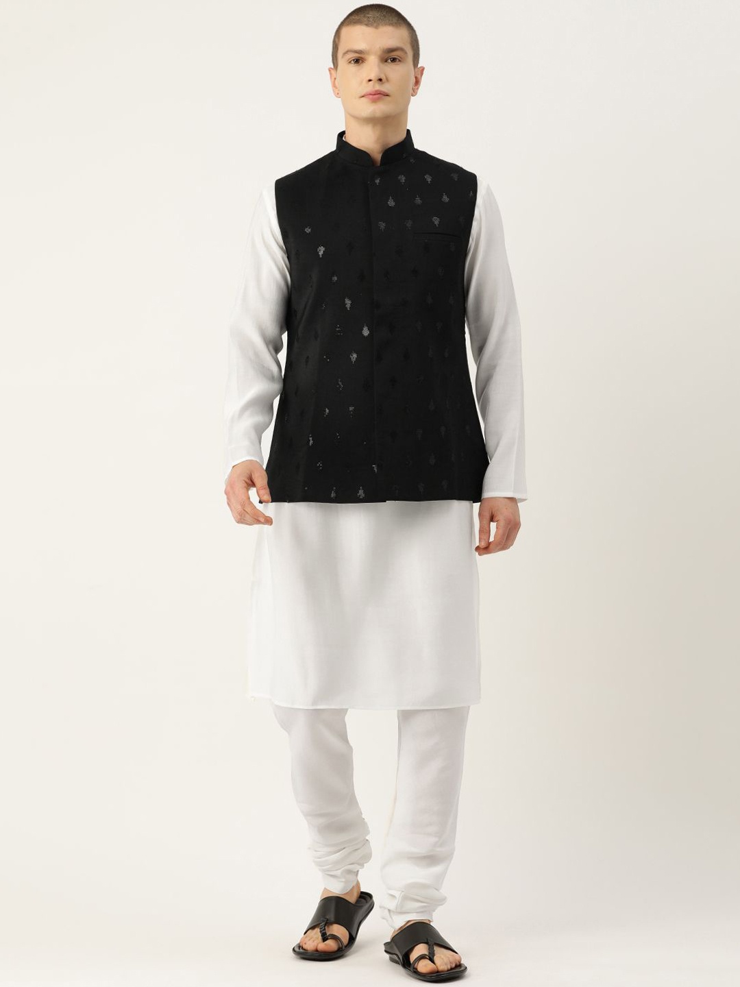 

Sayisha Woven-Designed Pure Cotton Nehru Jacket, Black