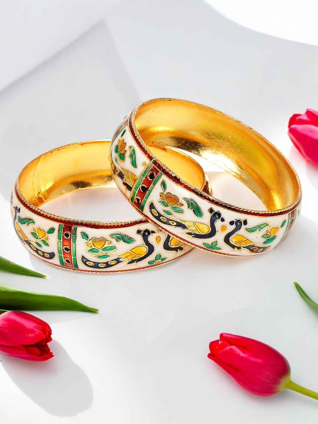 

Anouk Gold-Toned Set Of 2 Meenakari Peacock Design Textured Bangles