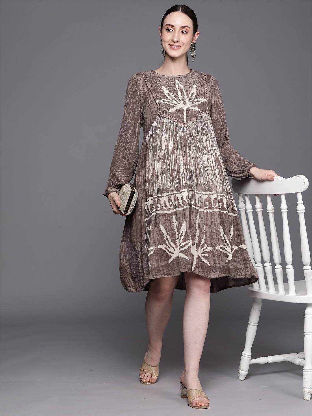 

Indo Era Self Design Tie & Dye Puff Sleeve A-line Dress, Brown