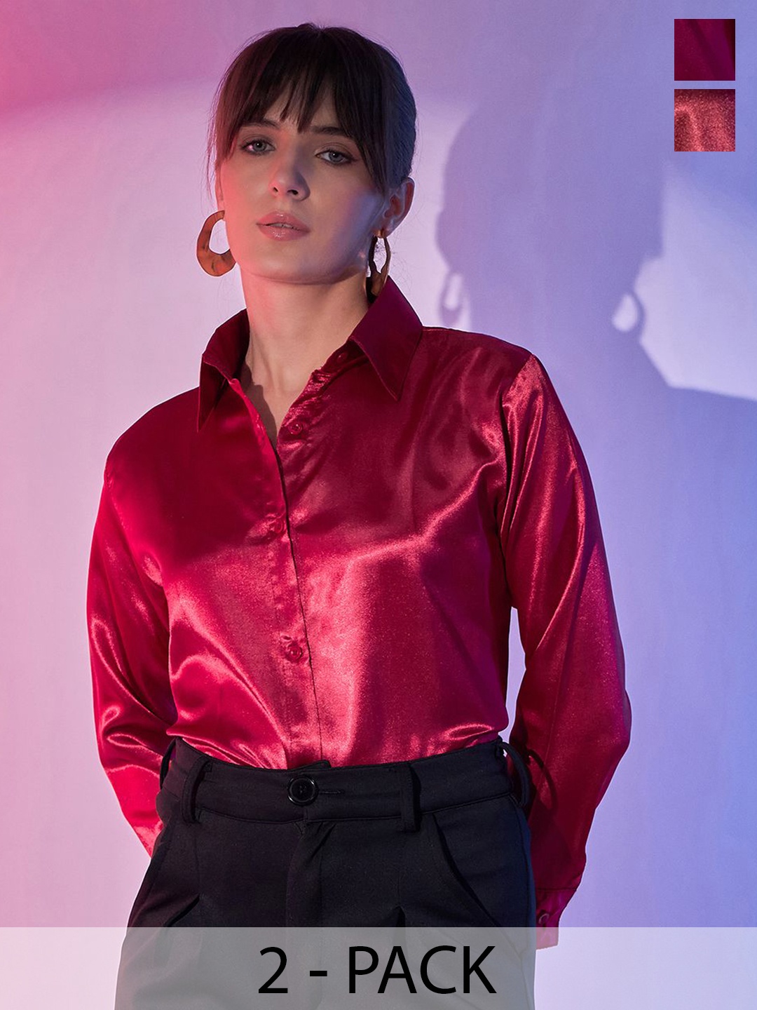

BUY NEW TREND Women Pack Of 2 Comfort Spread Collar Solid Casual Shirts, Red