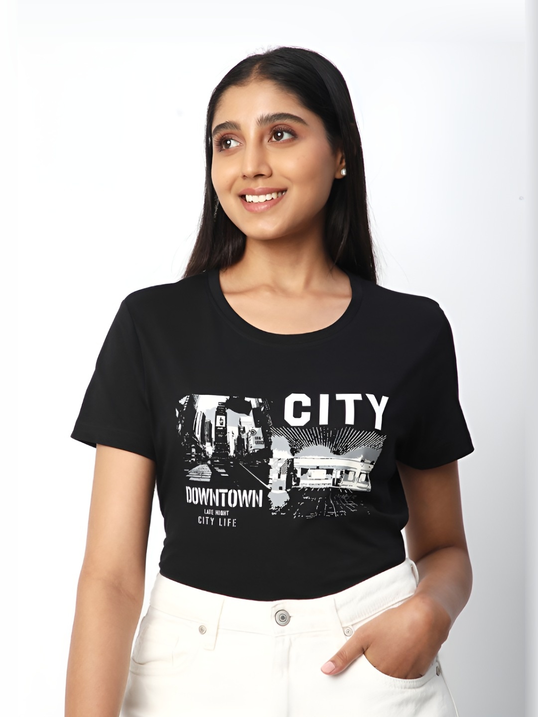 

R&B Women Graphic Printed Round Neck Cotton T-shirt, Black