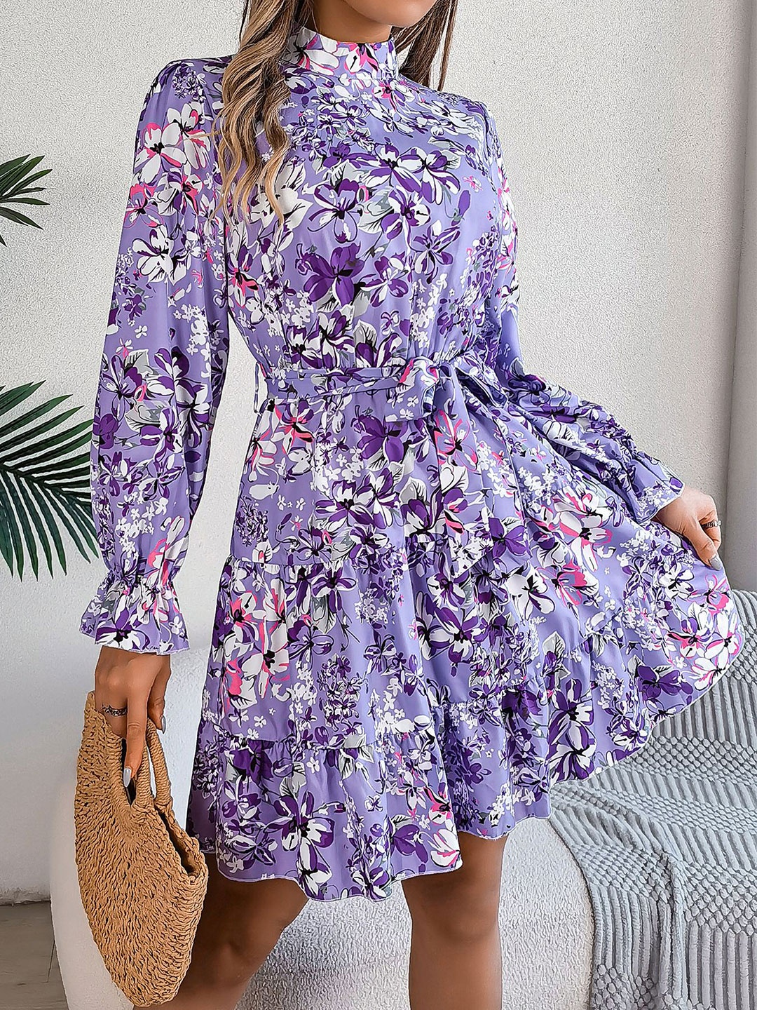 

StyleCast x Revolte Floral Printed Mock Neck Puff Sleeve Georgette Fit & Flare Dress, Purple