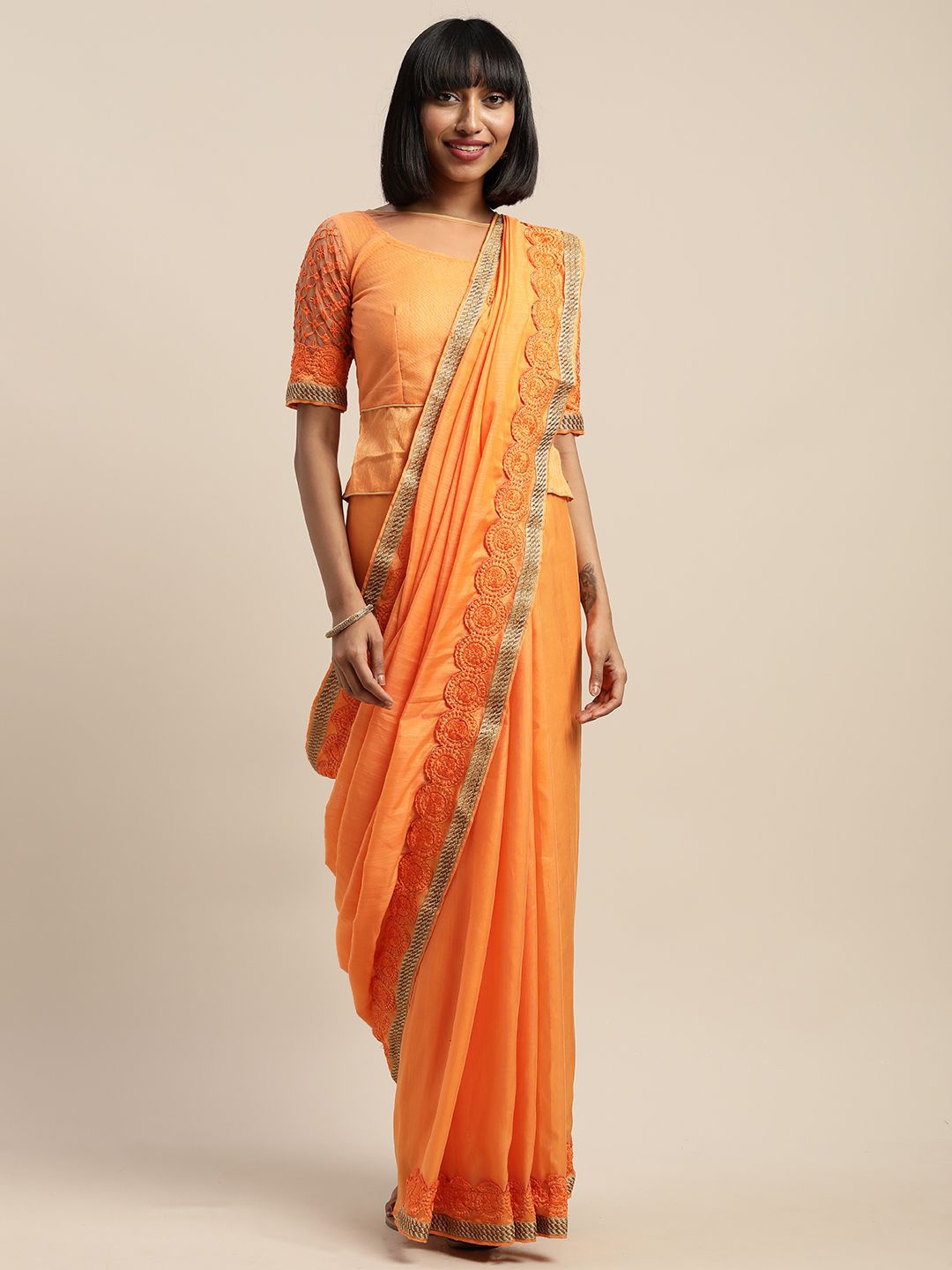 

KULNAARI Embroidered Solid Saree, Orange