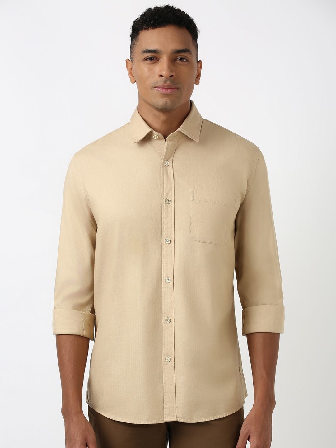 

Peter England Casuals Men Spread Collar Solid Cotton Slim Fit Casual Shirt, Beige