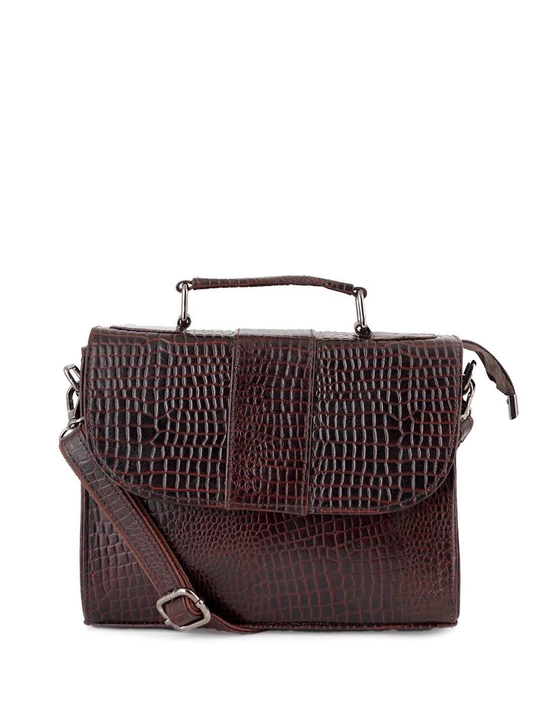 

Style Shoes Animal Textured Leather Structured Satchel with Fringed, Brown