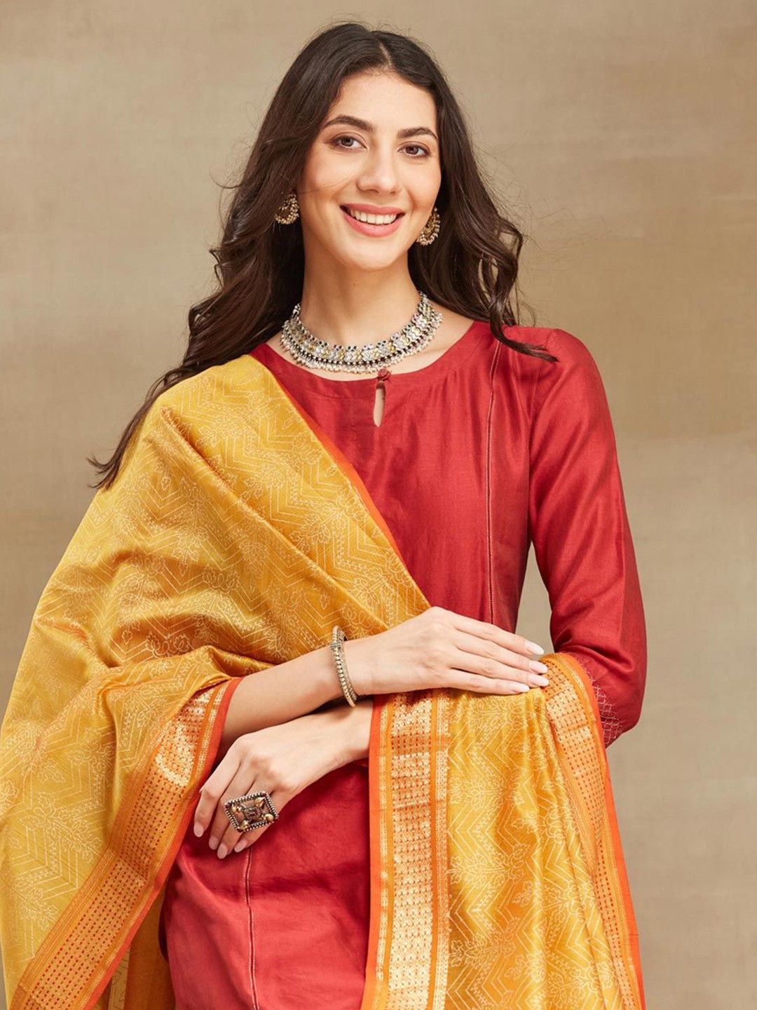 

Fabindia Cotton Silk Hand Block Printed Dupatta, Mustard