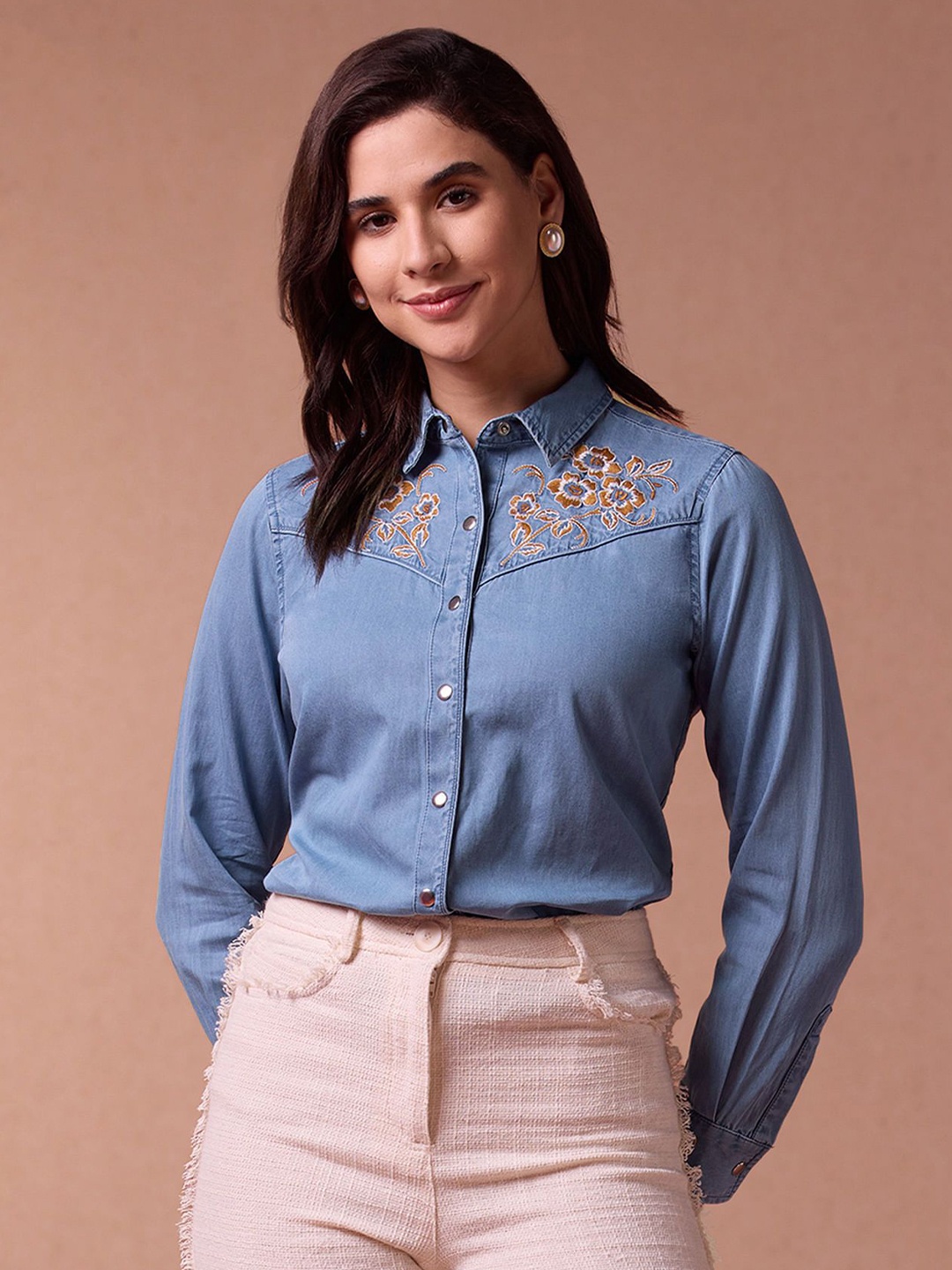 

U.S. Polo Assn. Women Floral Embroidered Cotton Casual Shirt, Blue