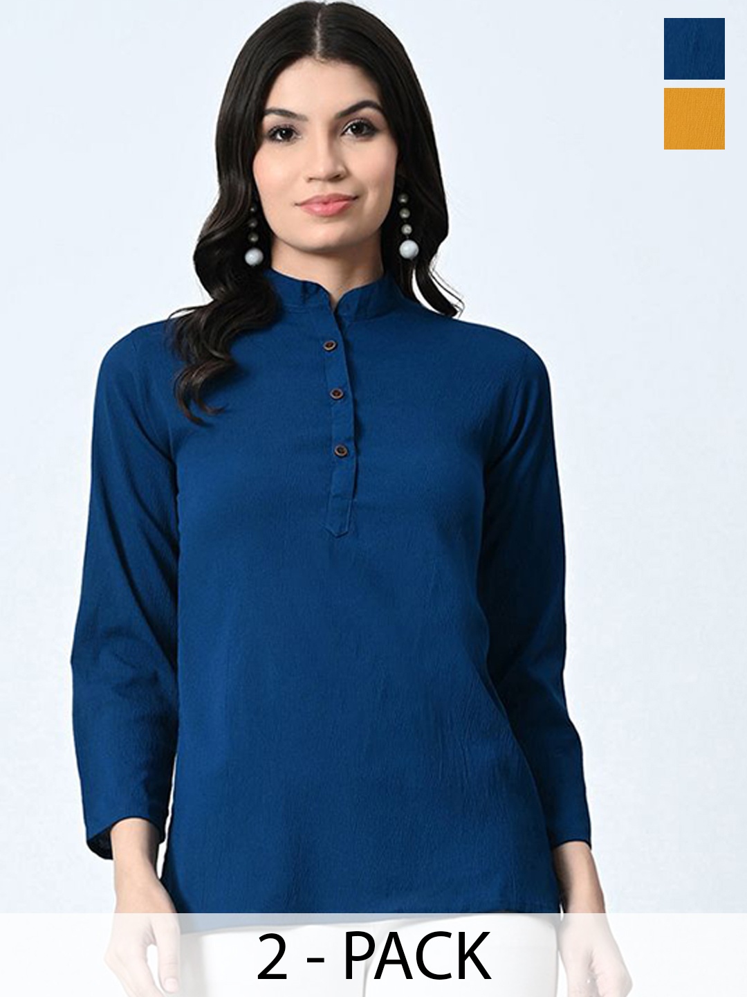 

BAESD Pack of 2 Mandarin Collar Crepe Straight Top, Navy blue