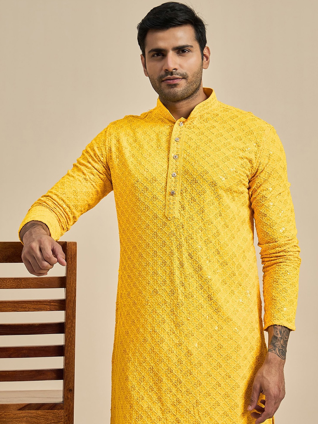 

Anouk Yellow Floral Embroidered Mandarin Collar Sequins Straight kurta