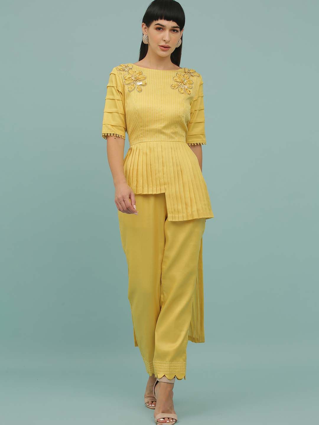 

Sejal Kamdar Self Design Embellished Pleated High Low Party Top With Trousers, Yellow
